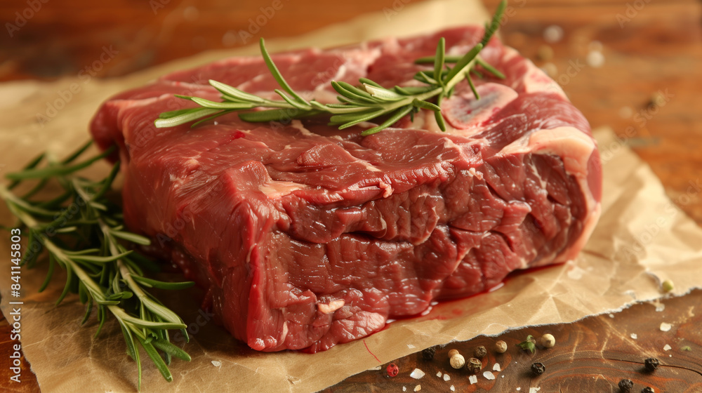 Raw beef steak with rosemary, pepper and salt Raw beef steak with rosemary, pepper and salt