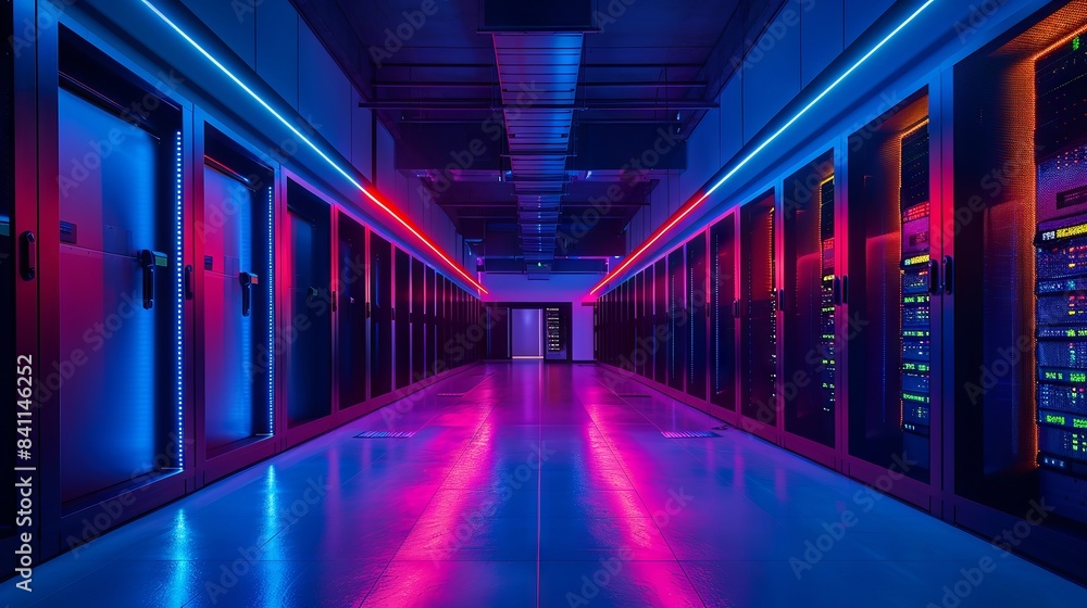 Fototapeta premium Modern data center with colorful lighting and server racks