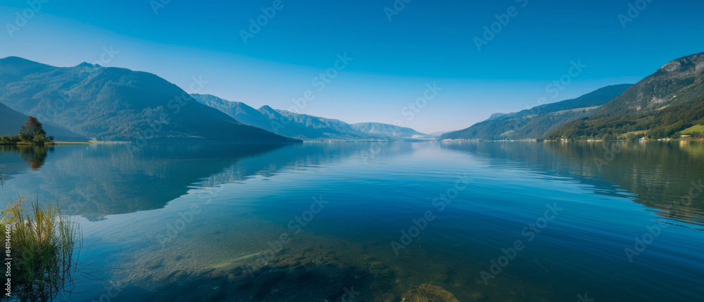 Tranquil Mountain Lake With Clear Blue Water and Lush Greenery on a Sunny Day