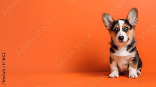 Charming Welsh Corgi Puppy Sitting on Vivid Orange Background with Clear Space © LookChin AI