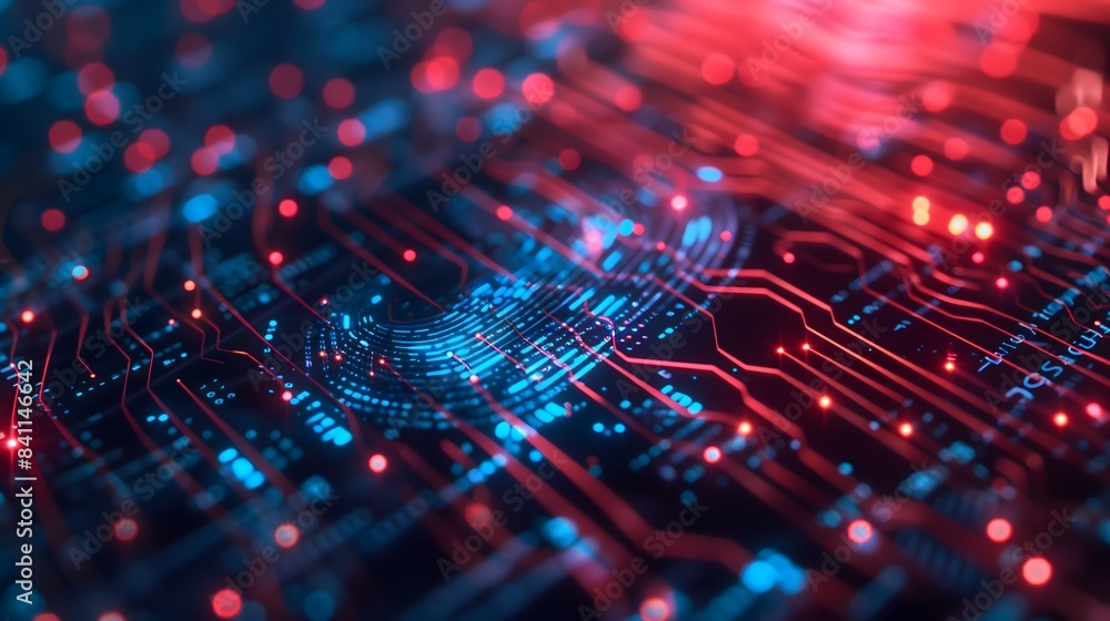 A computer chip with blue and red lines A computer chip with blue and red lines
