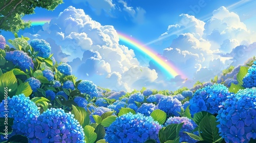 Beautiful Hydrangea Field with Rainbow and Blue Sky, Generative AI © studioclever