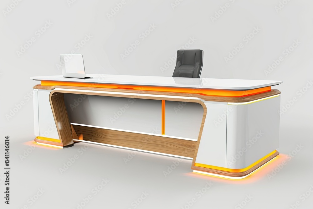 set of white and orange wooden modern office table with led light isolated on white background set of white and orange wooden modern office table with led light isolated on white background