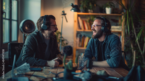 Joyful Podcast Recording: Two Men Laughing in Contemporary Studio  © Kafka