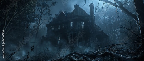 A haunted-looking house in the woods, boarded-up windows, collapsed roof, ghostly mist swirling in the moonlight photo