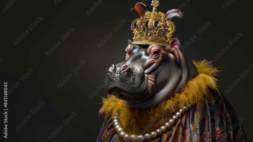 Fototapeta premium Hippopotamus wearing a queen's dress and crown, on a black background.
