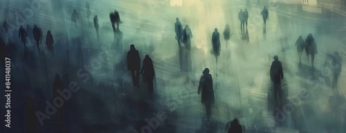 Birds-eye view, blurred mysterious people walking, dark background, watercolor effect, subtle shadows, ethereal atmosphere, soft color transitions, evocative and enigmatic mood