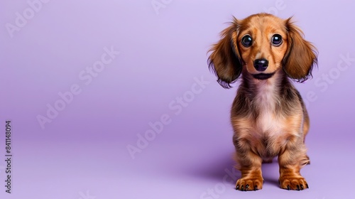 Adorable Dachshund Puppy Standing On Lavender Background With Copy Space