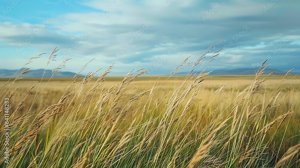 Fototapeta premium tall grass stands amidst a vast field under a clear blue sky