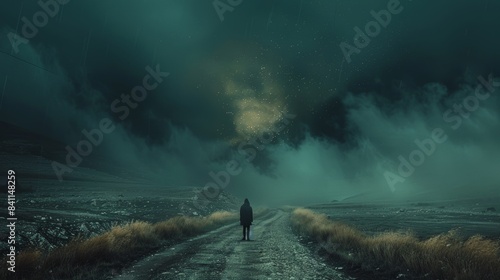 A figure standing alone on a desolate country road, with the vast darkness of the night engulfing them, raw and emotional atmosphere © Paul