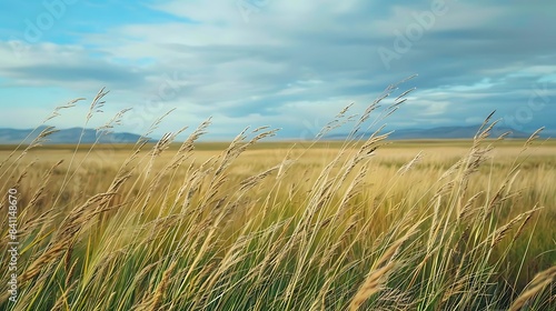 tall grass stands amidst a vast field under a clear blue sky