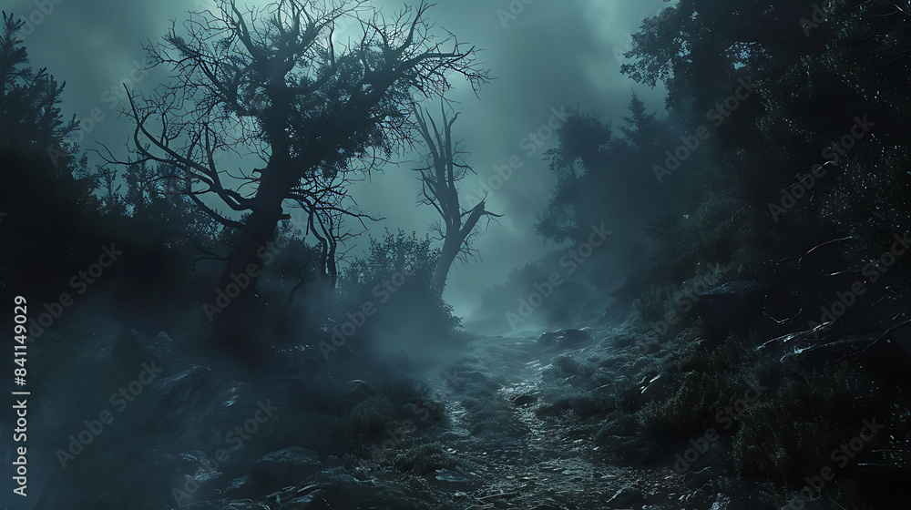 A haunted forest with mist and shadowy figures among the trees. A haunted forest with mist and shadowy figures among the trees.