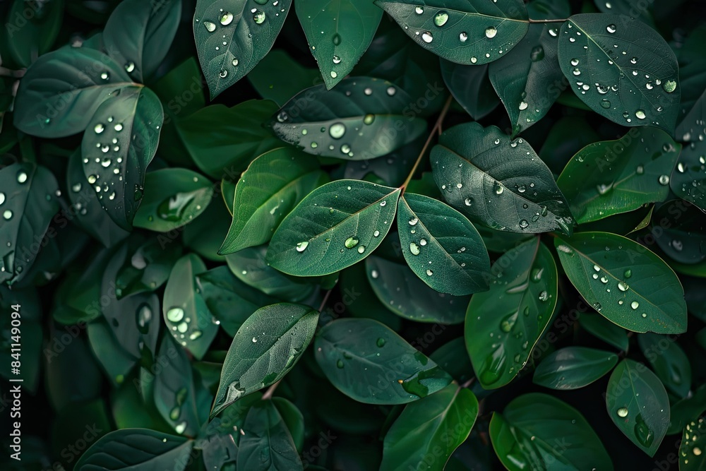 Fototapeta premium beautiful fresh dark green wallpaper desktop with curved plants and droplets of water 