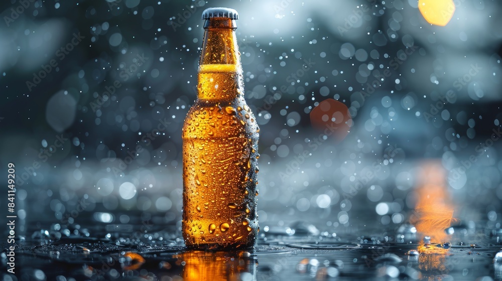 A close-up view of a beer bottle sitting on a wet surface, capturing the texture of condensation, bright studio lighting, isolated background A close-up view of a beer bottle sitting on a wet surface, capturing the texture of condensation, bright studio lighting, isolated background
