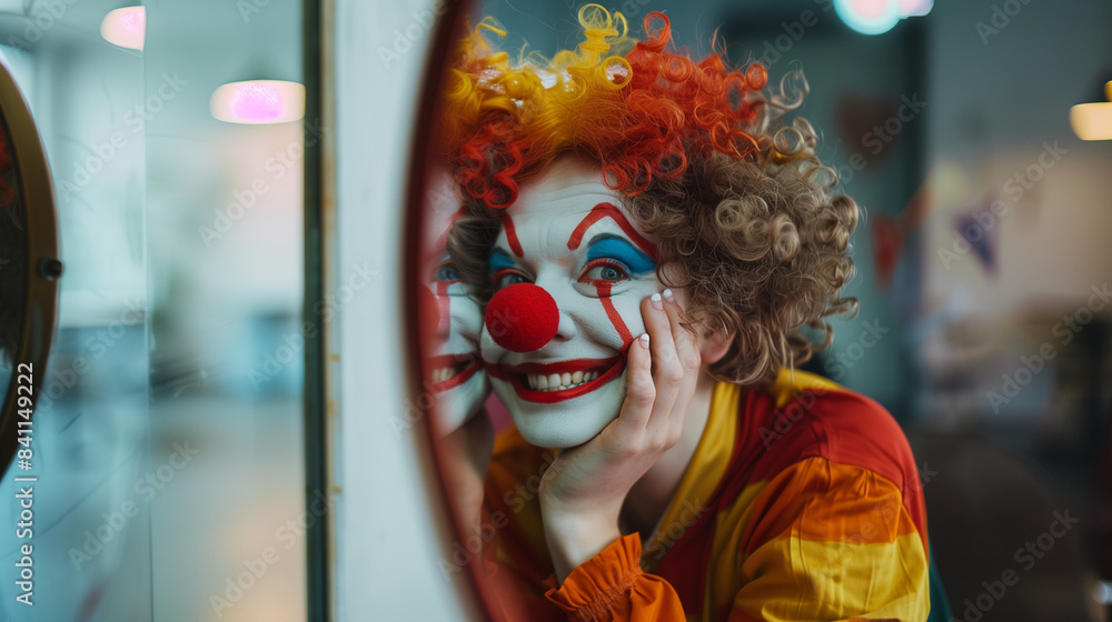 A clown sitting smiling in front of a large mirror, the reflection in the mirror shows the same clown smiling, Ai generated Images A clown sitting smiling in front of a large mirror, the reflection in the mirror shows the same clown smiling, Ai generated Images