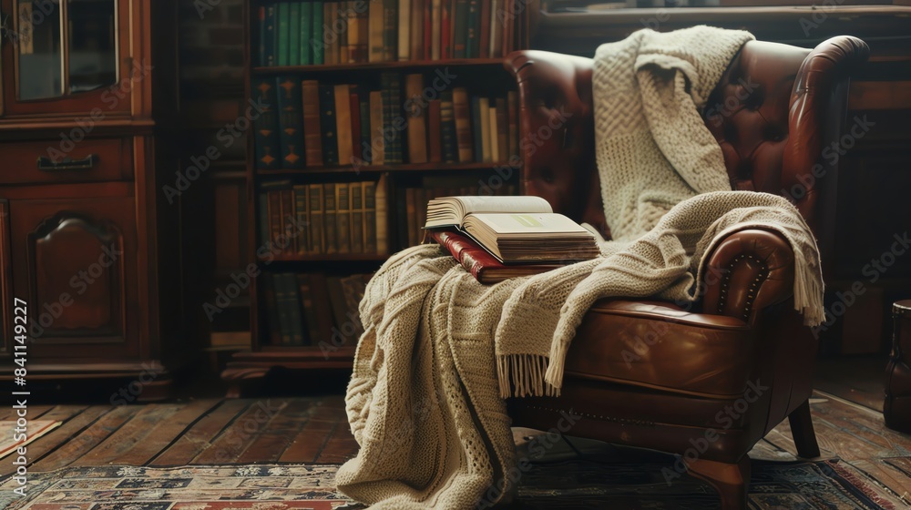 Fototapeta premium Cozy reading nook with a leather armchair, knit blanket, and books in a vintage library setting. Warm and inviting atmosphere.