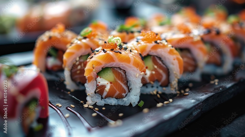 A close-up of sushi rolls on a refined black tray, showing intricate fillings and toppings, raw and detailed textures A close-up of sushi rolls on a refined black tray, showing intricate fillings and toppings, raw and detailed textures