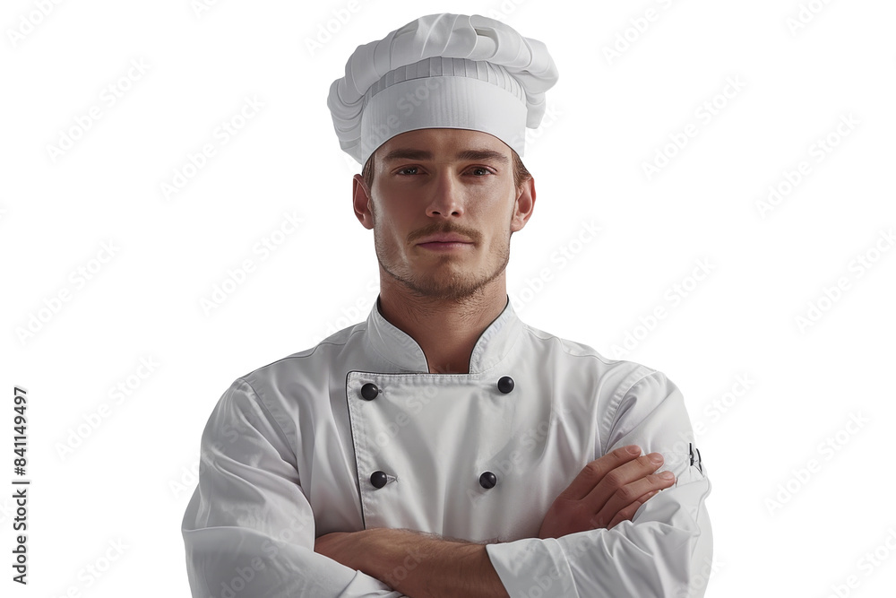 Portrait of male chef standing with arms crossed and wearing a chef's hat isolated on transparent background. Portrait of male chef standing with arms crossed and wearing a chef's hat isolated on transparent background.