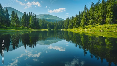 Fototapeta Naklejka Na Ścianę i Meble -  Scenic view of a tranquil lake surrounded by lush pine forests and majestic mountain peaks under a vibrant blue sky.