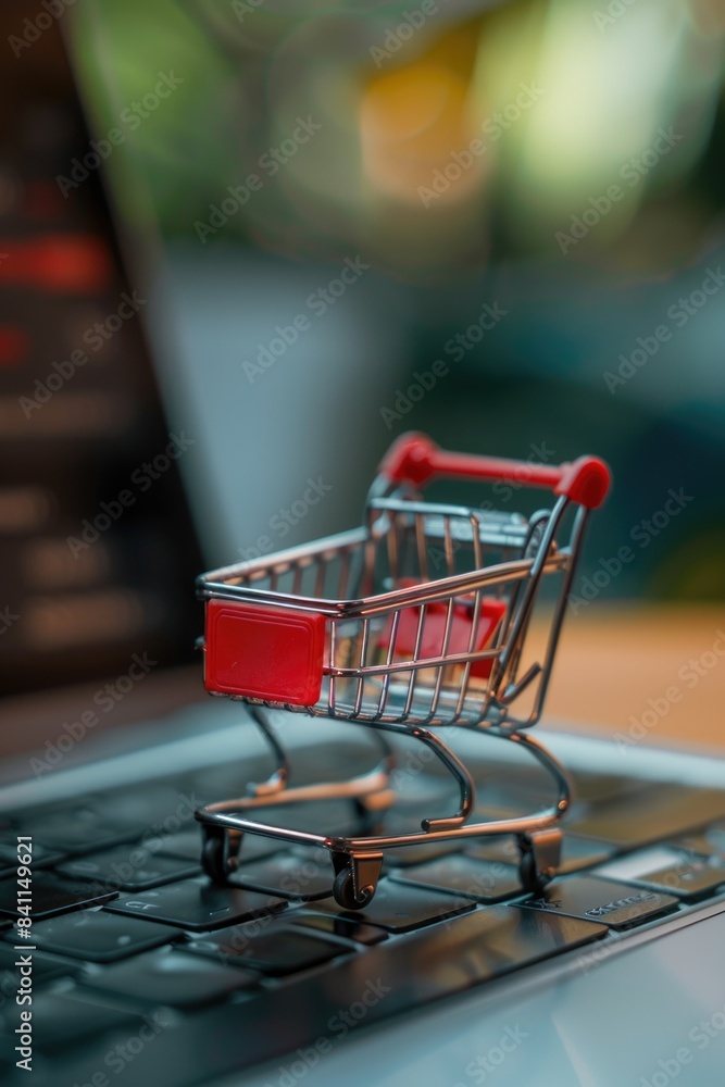 Miniature shopping cart on laptop Miniature shopping cart on laptop