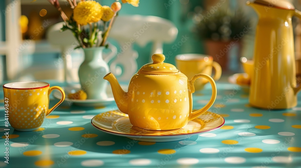 Fototapeta premium Close-up of a cozy breakfast setup with tea set and flowers