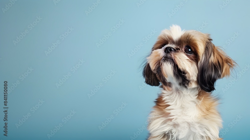 Cute Shih Tzu Puppy Sitting on Plain Sky Blue Background with Clear Space Cute Shih Tzu Puppy Sitting on Plain Sky Blue Background with Clear Space