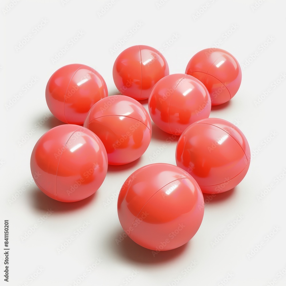 A collection of red medicine balls, arranged in a semi-circle on a white background A collection of red medicine balls, arranged in a semi-circle on a white background