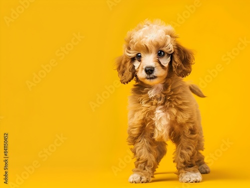 Cute Poodle Puppy Standing on Sunny Yellow Background with Clear Space © LookChin AI