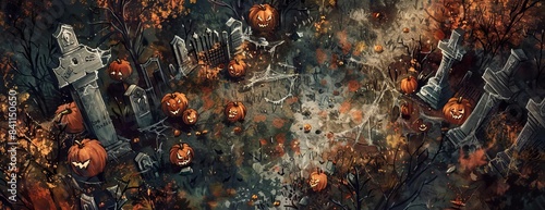 Birds-eye view of a quaint graveyard at twilight, scattered with pumpkins and skeletons, watercolor style, a weathered wooden board with Halloween Invitation inscribed, moody, eerie atmosphere photo