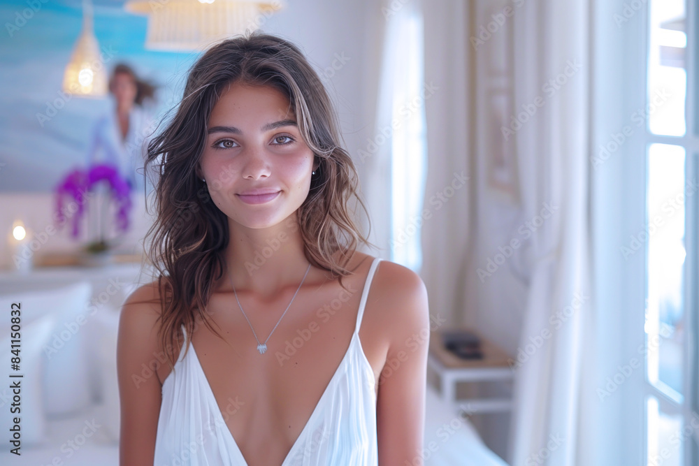 Australian woman enjoys vacation at comfortable hotel room by tropical beach Australian woman enjoys vacation at comfortable hotel room by tropical beach