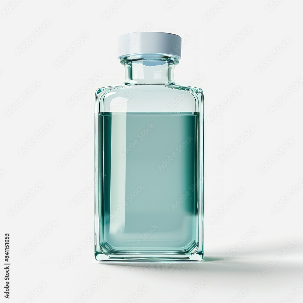 A glass bottle with a blue liquid and a white cap is against a white background A glass bottle with a blue liquid and a white cap is against a white background