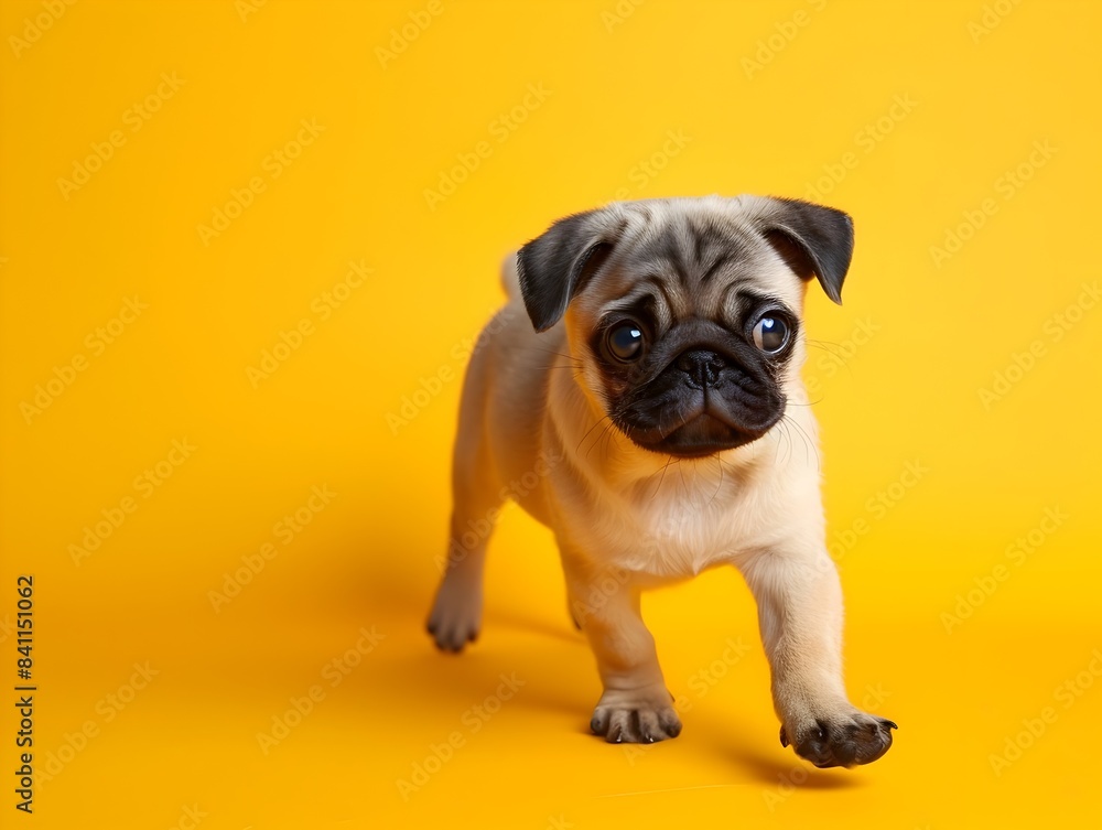 Adorable Pug Puppy Walking on Cheerful Yellow Background with Clear Space