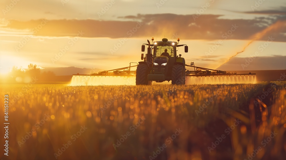 Fototapeta premium A tractor is spraying a field with a yellow liquid. The sun is setting in the background, casting a warm glow over the scene. Concept of productivity and hard work