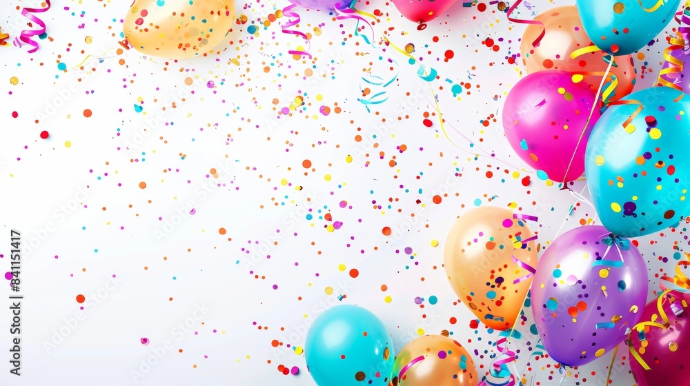 A vibrant and colorful birthday party background with balloons, streamers, and confetti, set against a clean white background. A vibrant and colorful birthday party background with balloons, streamers, and confetti, set against a clean white background.