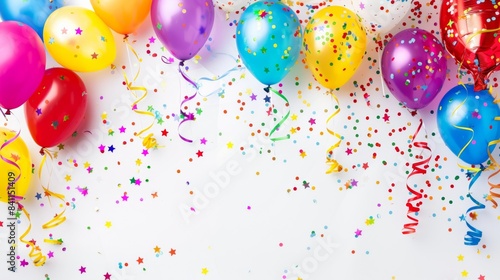 A vibrant and colorful birthday party background with balloons  streamers  and confetti  set against a clean white background.