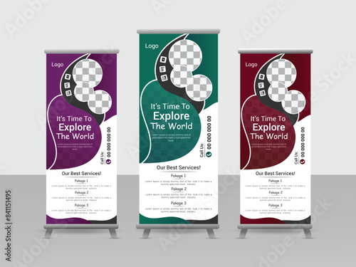 Vector Travel world roll up banner template design.Travel holiday enjoy roll up banner design
