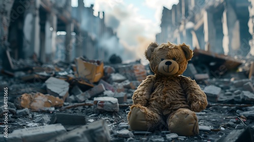 A teddy bear is sitting in a pile of rubble. The scene is desolate and abandoned, with no signs of life or hope. The teddy bear, however, seems to be smiling