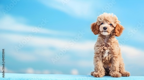 Cute Poodle Puppy Sitting on Plain Blue Sky Background with Copy Space photo