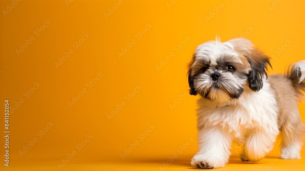 Cute Shih Tzu Puppy Walking on Sunny Yellow Background with Copy Space Cute Shih Tzu Puppy Walking on Sunny Yellow Background with Copy Space