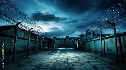 Top-secret military facility surrounded by barbed wire and modern security systems photo