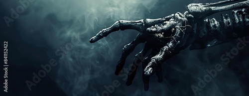 Close-up shot of a grim reaper, skeletal hand reaching towards the camera, dark misty background, ample copy space, photorealistic digital art