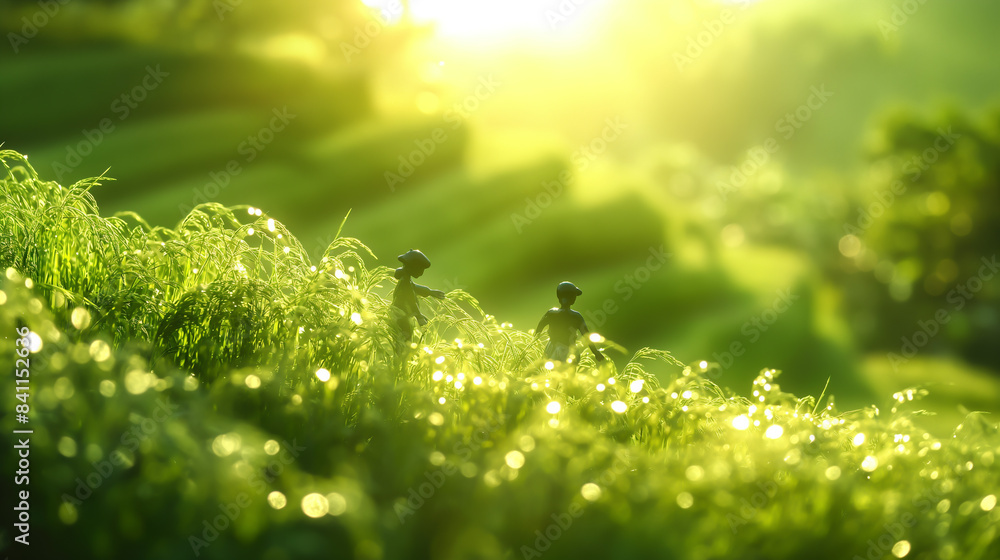 Rice field image, amidst the green rice fields, there are piles of rice and rice grains, agricultural landscape Rice field image, amidst the green rice fields, there are piles of rice and rice grains, agricultural landscape