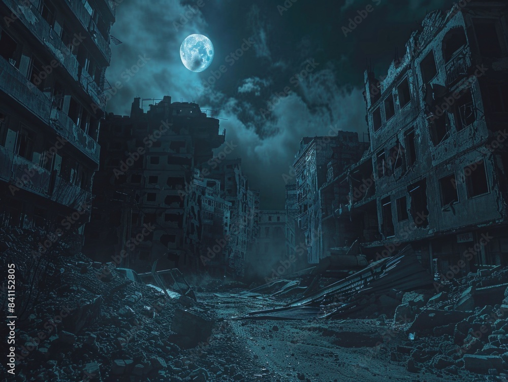 Obraz premium City at night with full moon