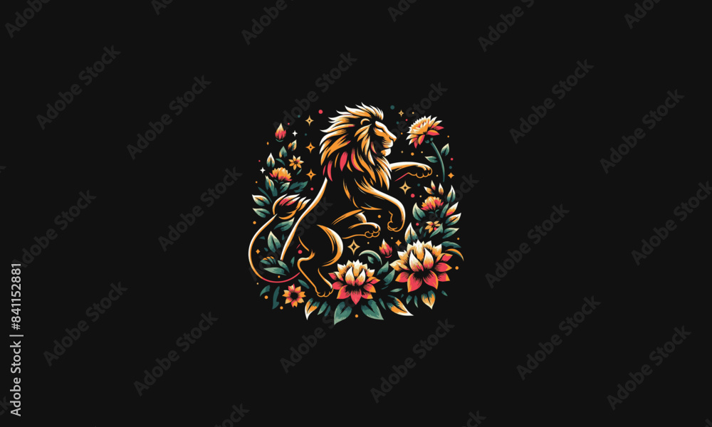 Fototapeta premium logo design of lion jump on top flowers vector flat design