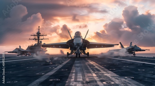 A jet is on the runway with other jets in the background. The sky is cloudy and the sun is setting