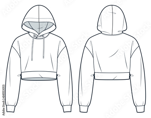 Hooded Sweatshirt technical fashion illustration. Crop Hoodie fashion flat technical drawing template, relaxed fit, front and back view, white, women, men, unisex Top CAD mockup.