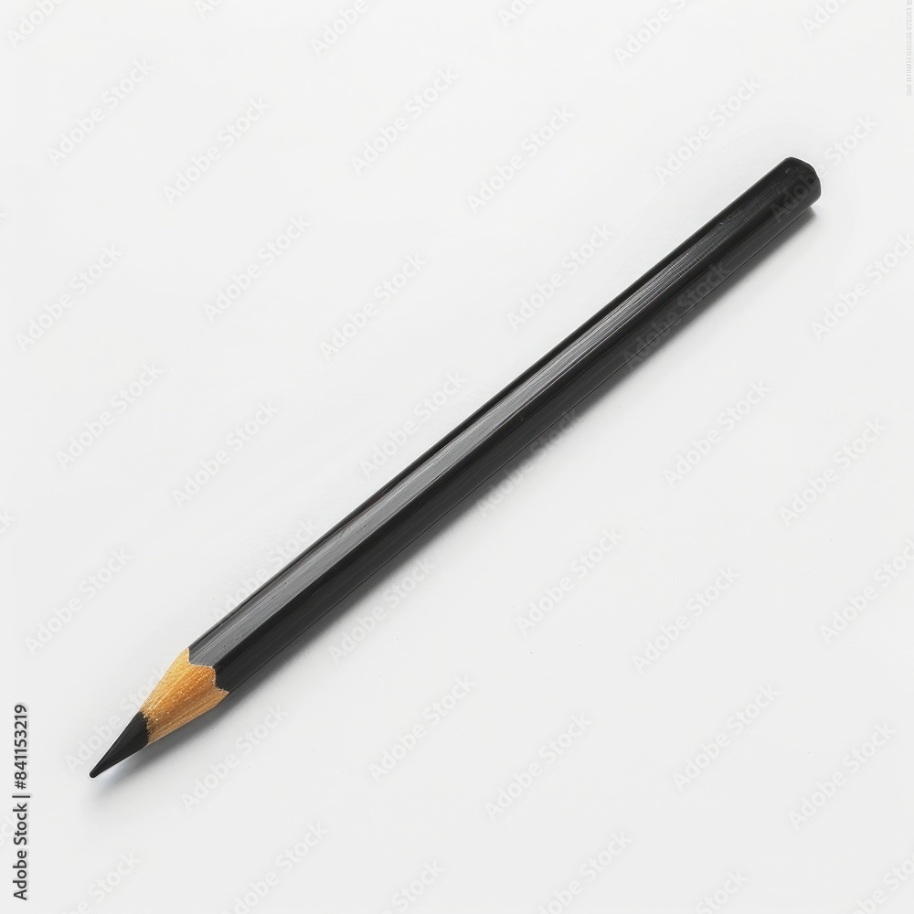 A black pencil lies horizontally on a white background A black pencil lies horizontally on a white background