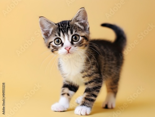 Curious Munchkin Kitten Standing on Pastel Yellow Background © LookChin AI
