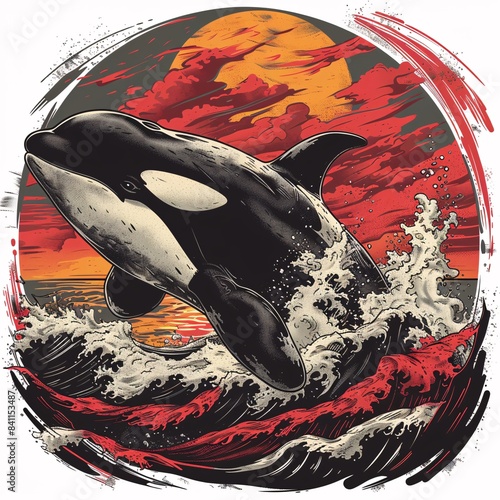 A black and white drawing of a whale in the ocean