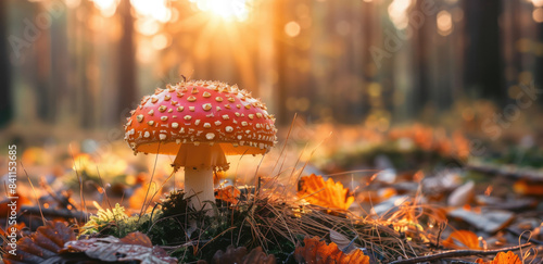 Enchanting mushroom in a sunlit forest with bokeh effect.